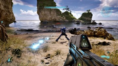 《Halo: Campaign Evolved》截屏：玩家用步枪瞄准敌人