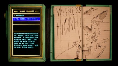 Harold Halibut-screenshot van het menu met een briefje waarop 'Where's Home' staat