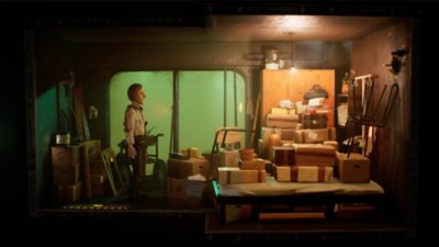 Harold Halibut-screenshot van Harold in een opslagruimte