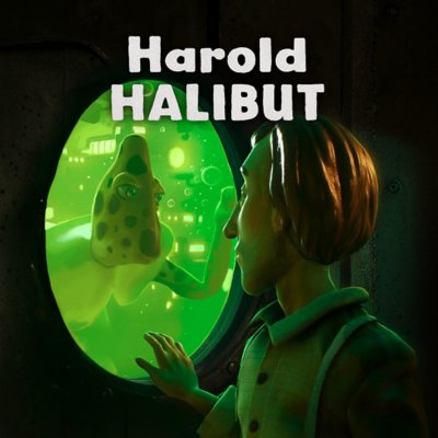 صورة المتجر الفنية للعبة harold halibutتعرض شخصية مع مخلوق باللون الأخضر