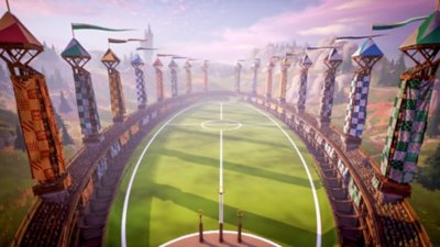 Captura de pantalla de Harry Potter: Quidditch Champions que muestra la arena de Quidditch en Hogwarts