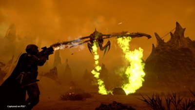 Helldivers 2 Into the Unjust screenshot showing a flying enemy spewing acid
