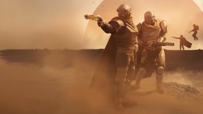 Helldivers 2 – "Grenzwertige Gerechtigkeit"-Heldengrafik mit zwei Charakteren in einer staubigen Szene