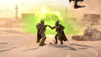 Captura de pantalla de Helldivers 2 con dos Helldivers haciendo un gesto cooperativo