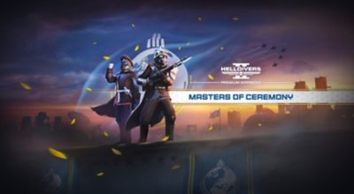 Плакат на Helldivers 2 Masters of Ceremony, показваща двама Helldivers, играта и заглавието на Warbond.