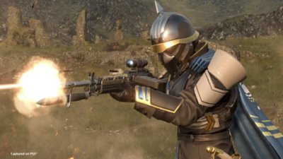 Helldivers 2 screenshot showing a Helldiver shooting their gun
