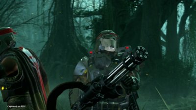 Helldivers 2 – Capture d'écran montrant un Helldiver utilisant le nouveau minigun