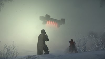 Helldivers 2 - Capture d'écran montrant des personnages qui regardent un vaisseau