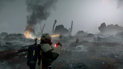 Captura de tela de personagens de Helldivers™ 2 disparando contra inimigos.