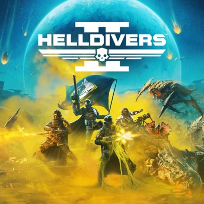 Helldivers 2 key art showing characters posing with a flag and fighting monsters