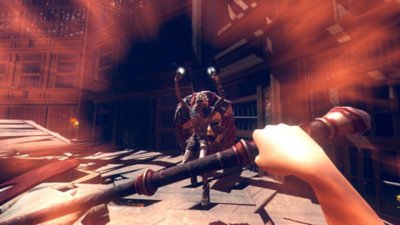 《Hellsweeper VR》截屏：玩家挥舞着类似法杖的武器