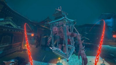 Hellsweeper VR screenshot showing a hellish monster in a cage