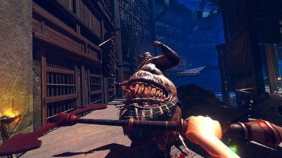 Hellsweeper VR screenshot showing a hellish monster with giant teeth