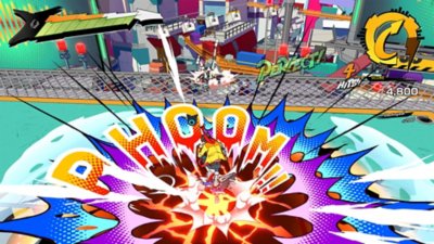 Hi-Fi Rush – Screenshot, auf dem Chai einen verheerenden Angriff einsetzt, während die Lautmalerei „Phoom“ im Stile eines Cartoons auf dem Bildschirm dargestellt wird