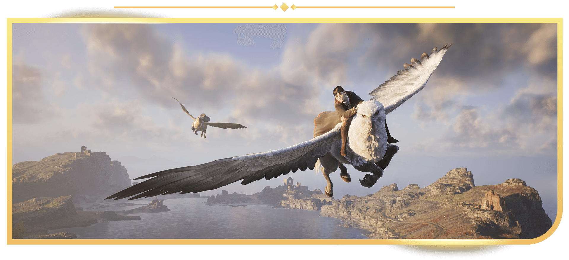 Captura de pantalla de Hogwarts Legacy con un personaje que vuela a lomos de un hipogrifo
