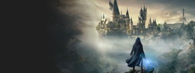 picture of a wizard holding a wand facing Hogwarts 