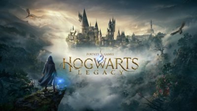 picture with a game logo of a wizard holding a wand facing Hogwarts 
