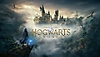 picture with a game logo of a wizard holding a wand facing Hogwarts 