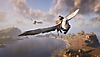 Posnetek zaslona igre Hogwarts Legacy, ki prikazuje učenca, ki leti na hipogrifu.