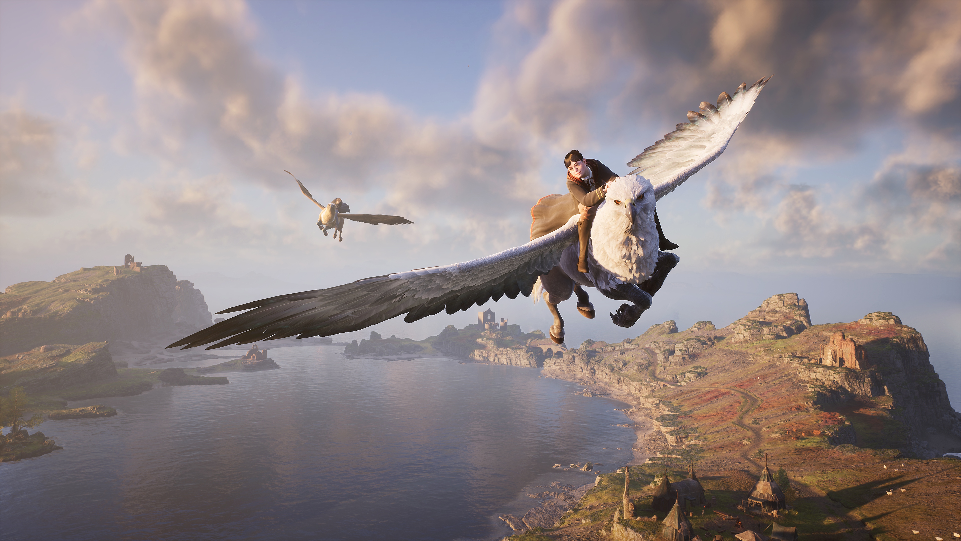 Hogwarts Legacy screenshot showing a student flying on the back of a hippogriff