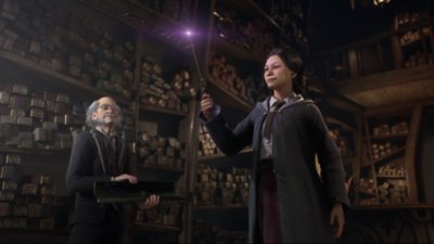 ภาพหน้าจอ Hogwarts Legacy แสดงให้เห็นนักเรียนกำลังเลือกไม้กายสิทธิ์