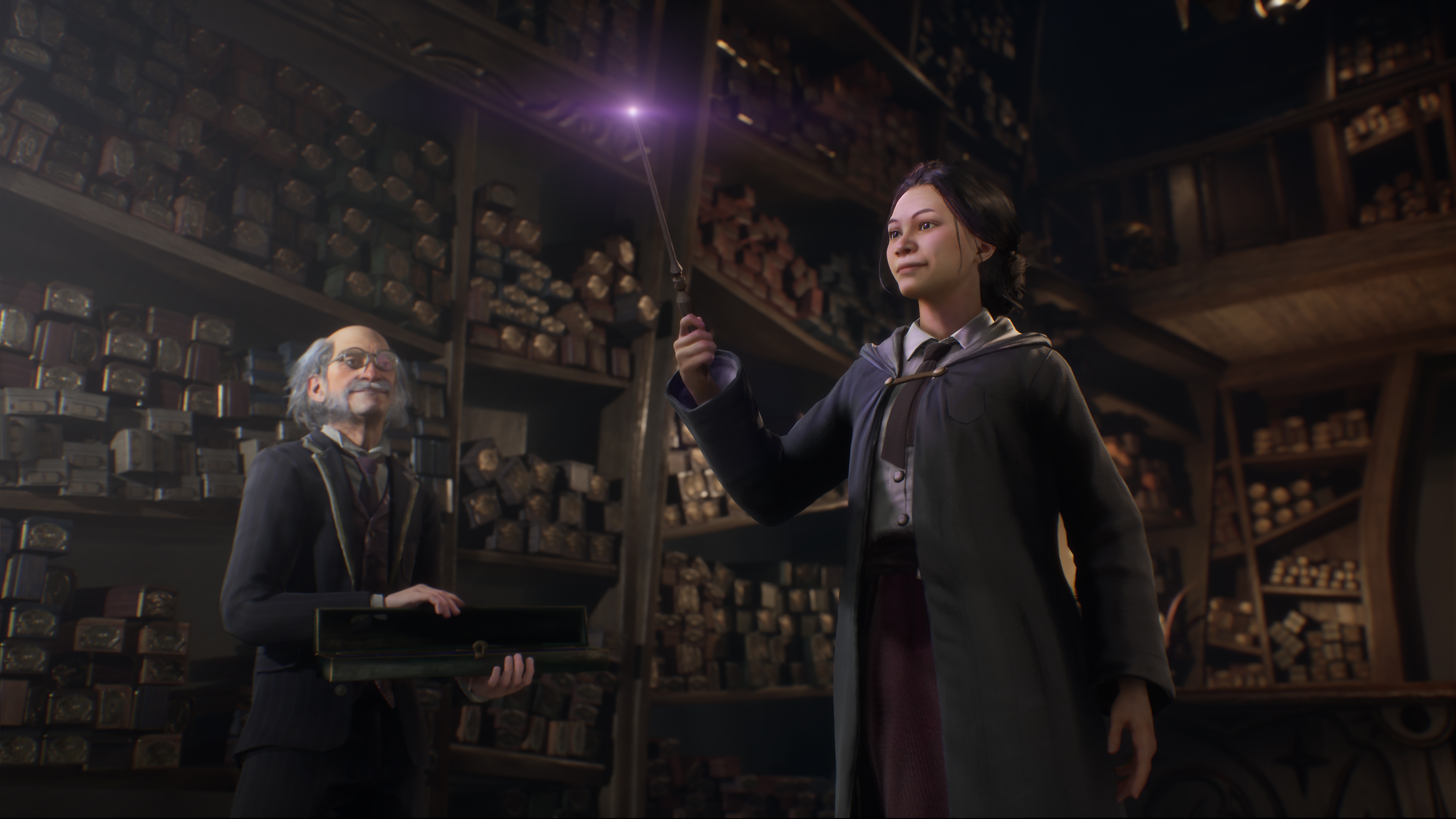 Screenshot van Hogwarts Legacy met daarop een leerling die een toverstok kiest.