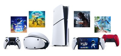 Hero image featuring PlayStation VR 2 headset, PS5 and PS5 Pro consoles, two Dualsense controllers, PlayStation Portal, DualSense Edge, and key art from The Last of Us Part II Remastered, ASTRO BOT, Helldivers 2 and Horizon Forbidden West.