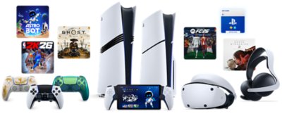 Image de bannière montrant le casque PlayStation VR 2, une carte cadeau PlayStation, le casque Pulse Elite, les consoles PS5 et PS5 Pro, deux manettes DualSense, le PlayStation Portal, la manette DualSense Edge et des illustrations principales de Ghost of Yōtei, Death Stranding 2: On the Beach, ASTRO BOT, EA FC26, NBA 2K26.