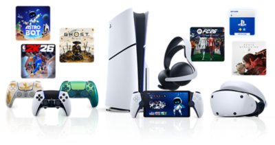 صورة البطل تُظهر قناع الواقع الافتراضي PlayStation VR 2، بطاقات هدايا Playstation، سماعة رأس PULSE Elite‎‏، وأجهزة PS5 و PS5 Pro، ووحدتي تحكم DualSense، PlayStation Portal، DualSense Edge، و صورة فنيّة أساسيّة لـ Ghost of Yotei و Death Stranding 2: On the Beach و Astrobot و EA FC26 و NBA 2K26