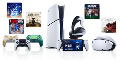 Hero image featuring PlayStation VR 2 headset, Playstation Gift Card, Pulse Elite headset, PS5 and PS5 Pro consoles, two Dualsense controllers, PlayStation Portal, DualSense Edge, and key art from Ghost of Yotei, Death Stranding 2: On the Beach, Astrobot, EA FC26, NBA 2K26