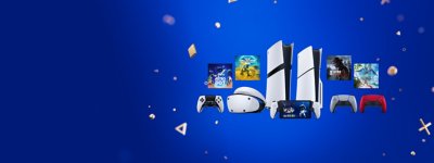 Hero image featuring PlayStation VR 2 headset, PS5 and PS5 Pro consoles, two Dualsense controllers, PlayStation Portal, DualSense Edge, and key art from The Last of Us Part II Remastered, ASTRO BOT, Helldivers 2 and Horizon Forbidden West.