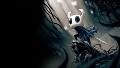 Key art from Hollow Knight featuring the main character staring up from a darkened cave.