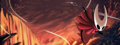 Key art for Hollow Knight: Silksong featuring the character Hornet against a fiery background.