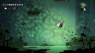 Gameplay screenshot from Hollow Knight: Silksong featuring Hornet vaulting over a body of green water.