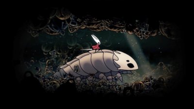 Gameplay screenshot from Hollow Knight: Silksong featuring Hornet riding through a dirt tunnel on the back of a giant bug.