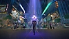 Captura de pantalla de Honkai: Star Rail que muestra a un personaje parado en medio de un bullicioso centro comercial