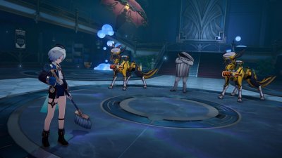 Honkai: Star Rail screenshot showing a broom wielding character facing off against an angry looking rubbish bin with legs and two robot dogs