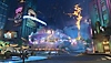 لقطة شاشة من لعبة Honkai Star Rail تعرض أضواء نيون في منطقة تسوق