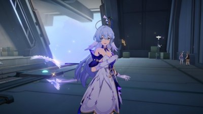 Honkai: Star Rail screenshot showing a character reacting to two magical birds beside her