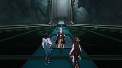 Captura de pantalla de Honkai: Star Rail que muestra a tres personajes caminando juntos hacia otro personaje protegido en una sala oscura