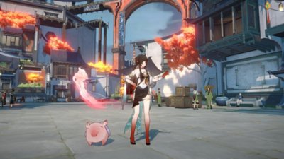 Honkai Star Rail screenshot showing a character with an animal companion in a town square