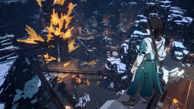 Honkai: Star Rail screenshot showing a character overlooking a snow-capped city.