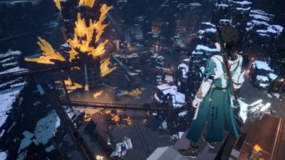 Captura de pantalla de Honkai: Star Rail que muestra a un personaje observando una ciudad cubierta de nieve.