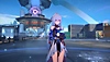 Honkai Star Rail screenshot showing character in a blue outfit holding a glowing flower