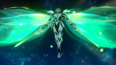 Honkai: Star Rail screenshot showing a mech-like character with green wings and a sword