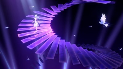 Honkai: Star Rail screenshot showing Robin descending a purple staircase