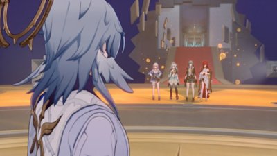 Captura de ecrã do Honkai: Star Rail que mostra quatro personagens a enfrentar uma única pessoa com cabelos grisalhos em primeiro plano