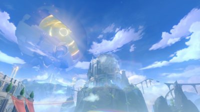 Honkai Star Rail screenshot showing a fantasy landscape with a huge humanoid figure in the background