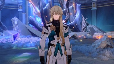 Captura de pantalla de Honkai: Star Rail que muestra a un personaje parado en frente de un árbol iluminado con luz azul y mariposas doradas