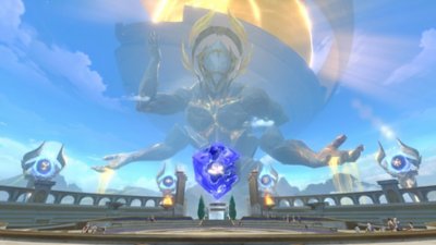 Captura de pantalla de Honkai: Star Rail que muestra una figura de piedra con tres brazos mirando hacia abajo a un espacio de piedra 